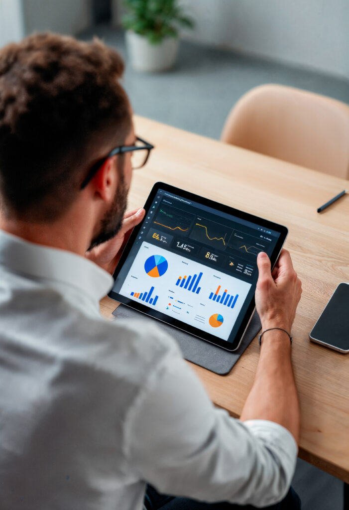 A man part of a finance team looking a graphed results on a tablet sitting at a desk